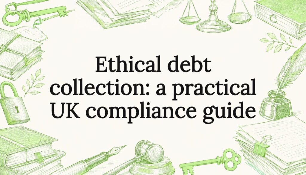 Decorative title card illustration with debt collection objects