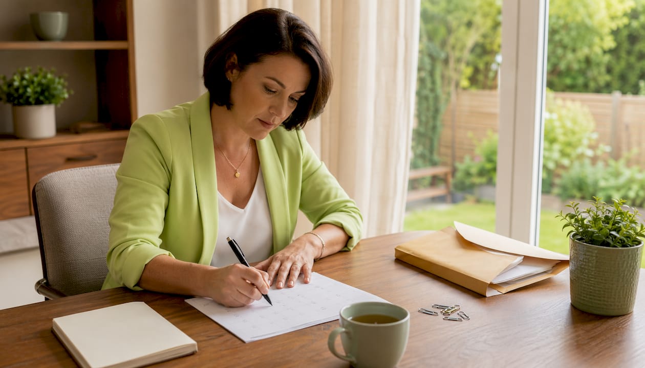 Woman counting deadline on calendar at desk