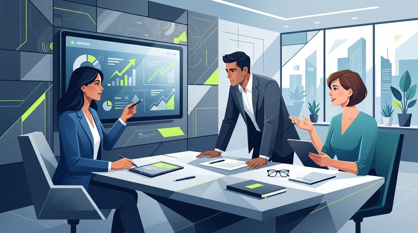 Clean geometric vector illustration of professionals collaborating around a table.