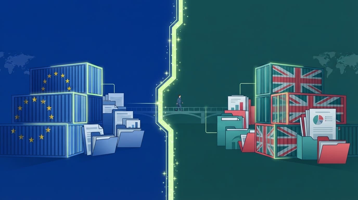 Stylized shipping containers and business documents on a split background with a distant figure.