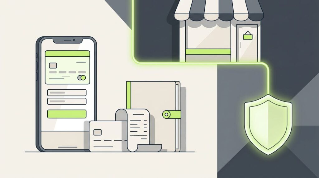 A smartphone checkout screen beside a payment card, receipt, and a folder separated by a lime boundary line.
