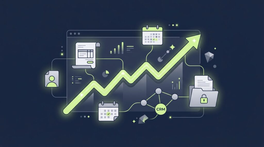 An upward-trending glowing financial graph connects to invoices and calendar reminders on a navy background.