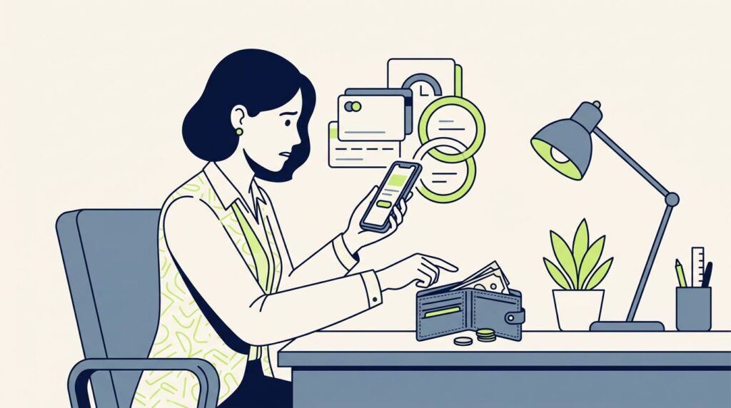 An entrepreneur looking worried at a phone and empty wallet amid overlapping payment cards.