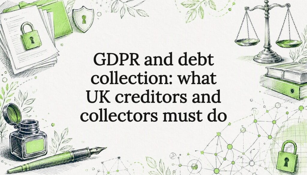 Decorative title card illustration themed on data protection and debt collection