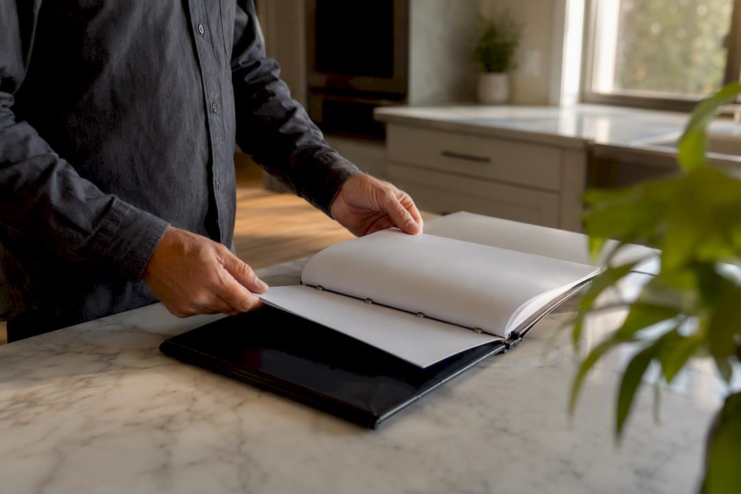 Hands organizing tenancy documents on table