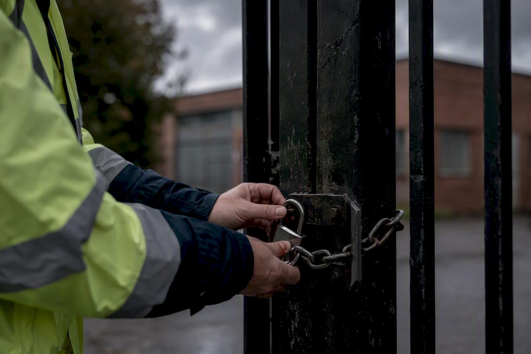 Hands locking commercial property gate for enforcement