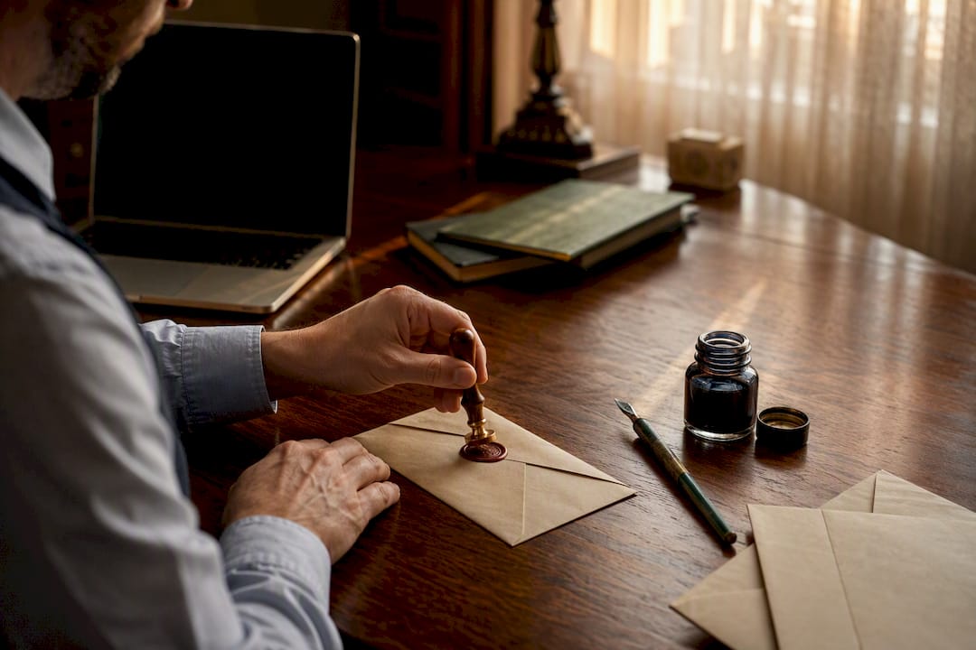 Hands sealing official envelope with wax seal