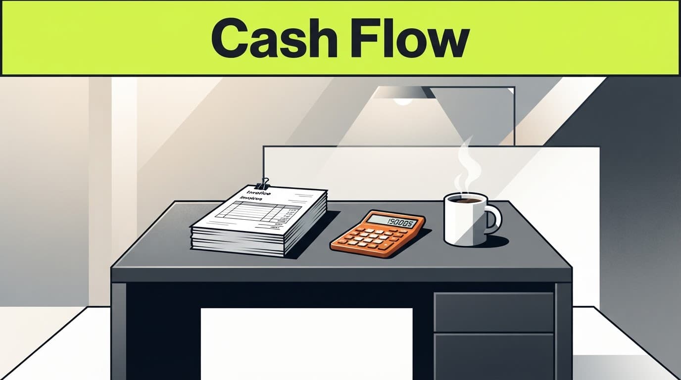 A desk with invoices, a calculator, and steaming coffee under a Cash Flow banner.