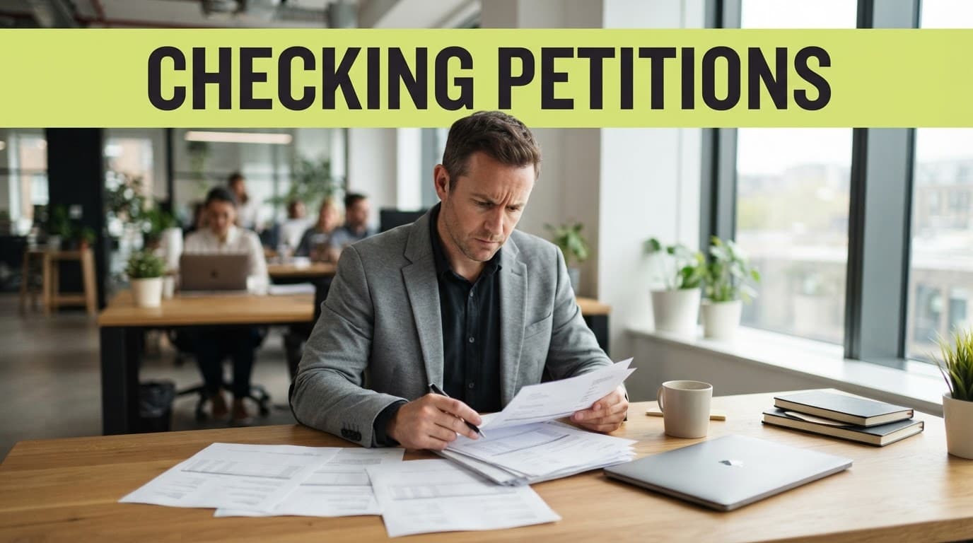 A business owner reviews financial papers and legal notices at a wooden desk.