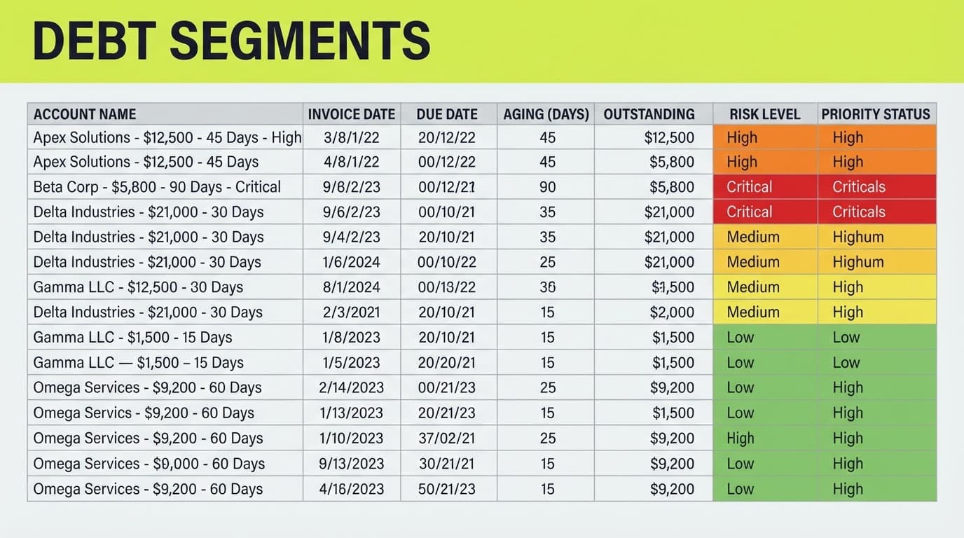 A financial ledger sorts unpaid business accounts beneath a lime Debt Segments header.
