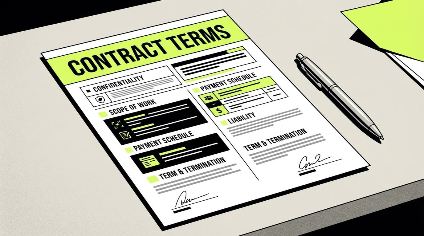 A contract document with a lime header and metal pen on a desk.