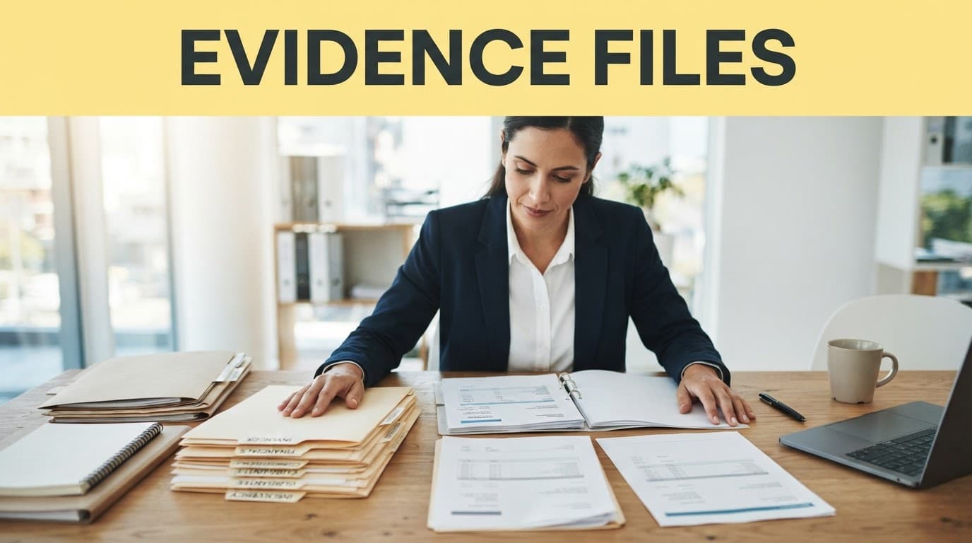 Invoices and financial folders sit on a table beneath an Evidence Files headline.