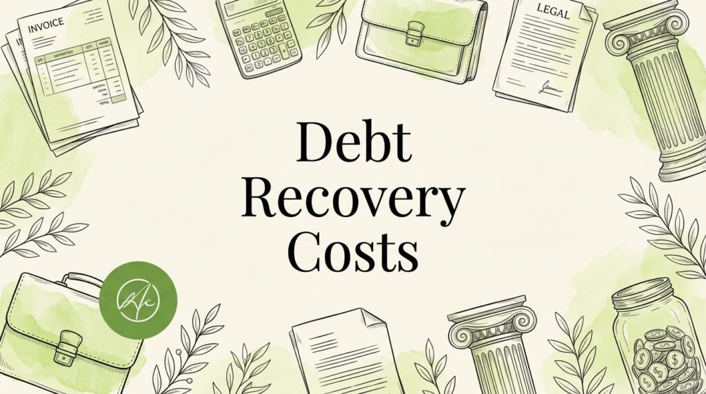 Illustration showing debt recovery costs surrounded by invoices, legal papers, coins, and business finance symbols.