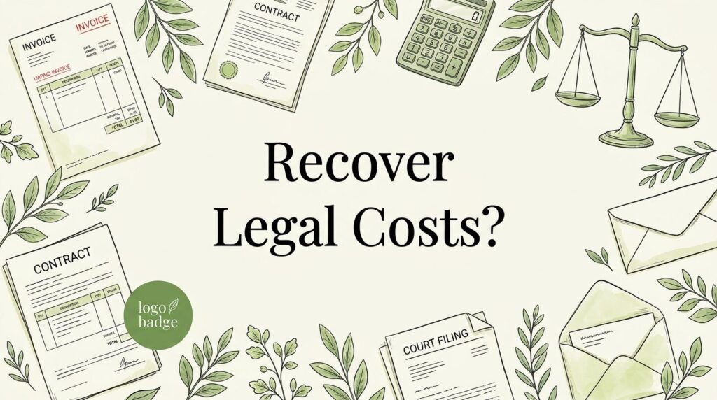 Illustration showing legal documents, an unpaid invoice, calculator, scales, and business envelope.