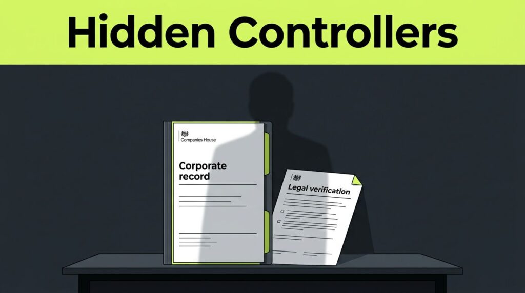A corporate record folder and verification document beneath a lime Hidden Controllers banner.