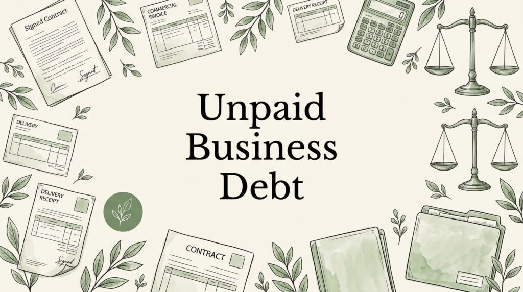 Illustration of unpaid business debt documents, scales, calculator, and an evidence folder.