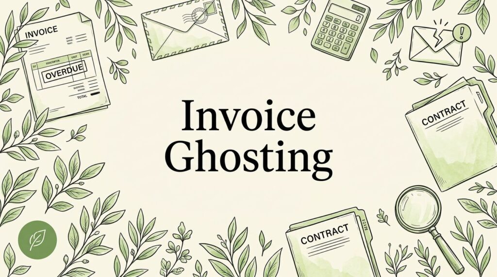 Illustration of an overdue invoice and business documents surrounding the title Invoice Ghosting.