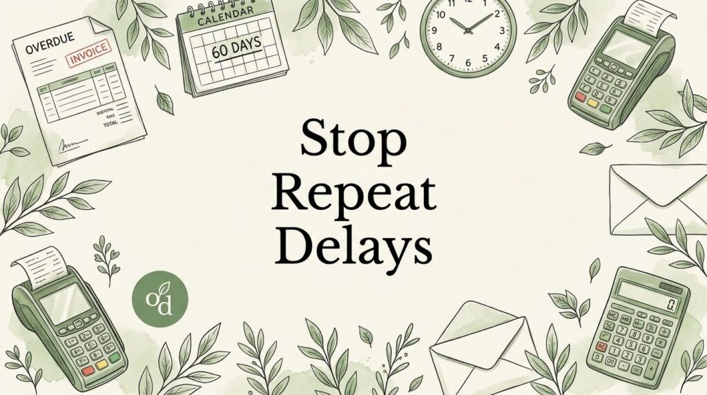 Illustration about repeat late payments with an overdue invoice, calendar, clock, and payment terminal.