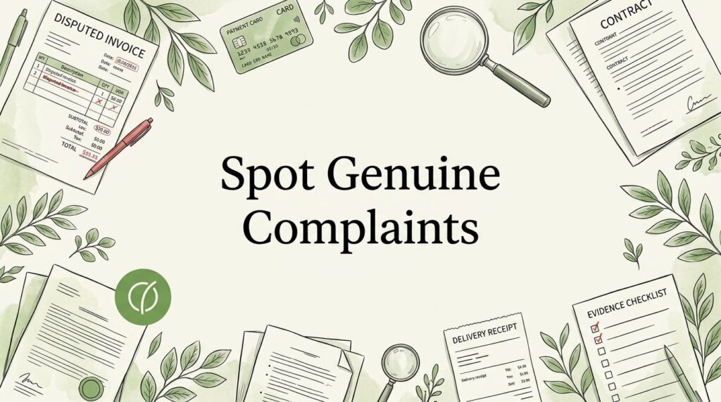 Illustration of complaint evidence items surrounding the title “Spot Genuine Complaints.”