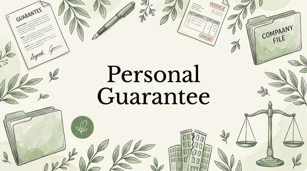Illustration of a personal guarantee surrounded by business documents and justice scales.