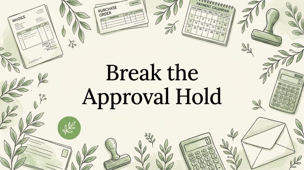 Illustration showing approval paperwork, payment tools, and the words “Break the Approval Hold.”