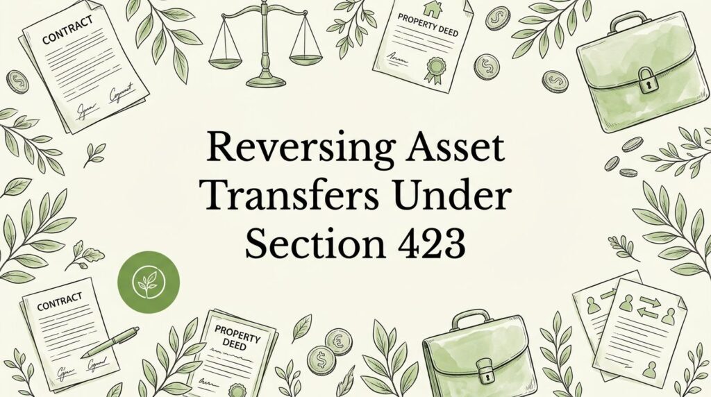 Legal documents, coins, scales, and a briefcase surround the Section 423 title.