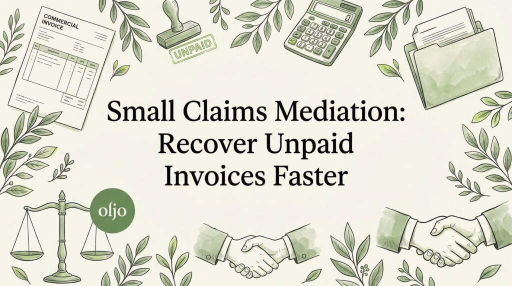 Illustration about recovering unpaid invoices through small claims mediation, with legal and financial symbols.