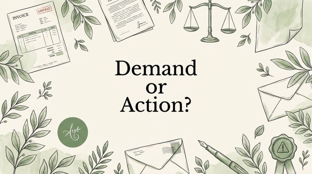 Legal documents, scales, an unpaid invoice, and a warning seal surround the title “Demand or Action?”