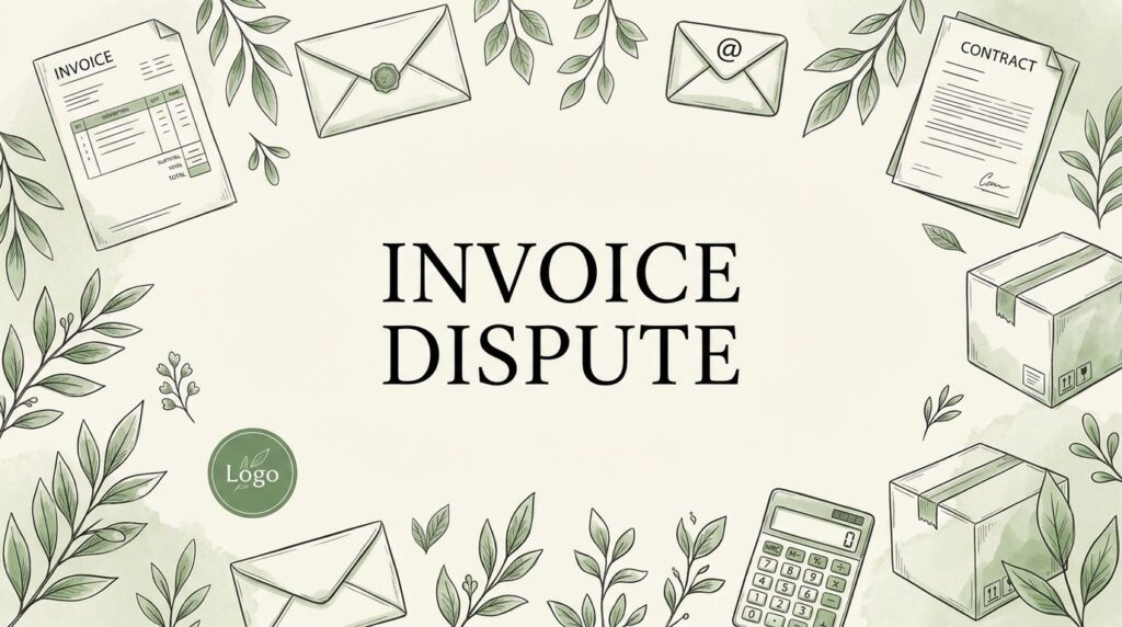 Illustrated invoice dispute surrounded by business documents, an envelope, delivery box, and calculator.