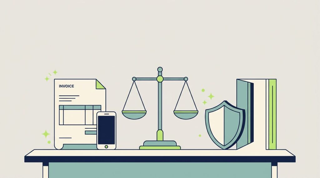 A blank invoice, phone, scales, shield, and pathway arranged in a calm workspace.