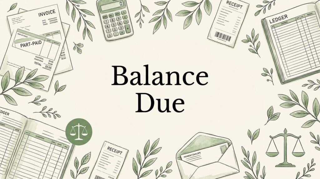 Illustrated invoice with calculator, receipt, ledger, envelope, and balance scale around “Balance Due.”