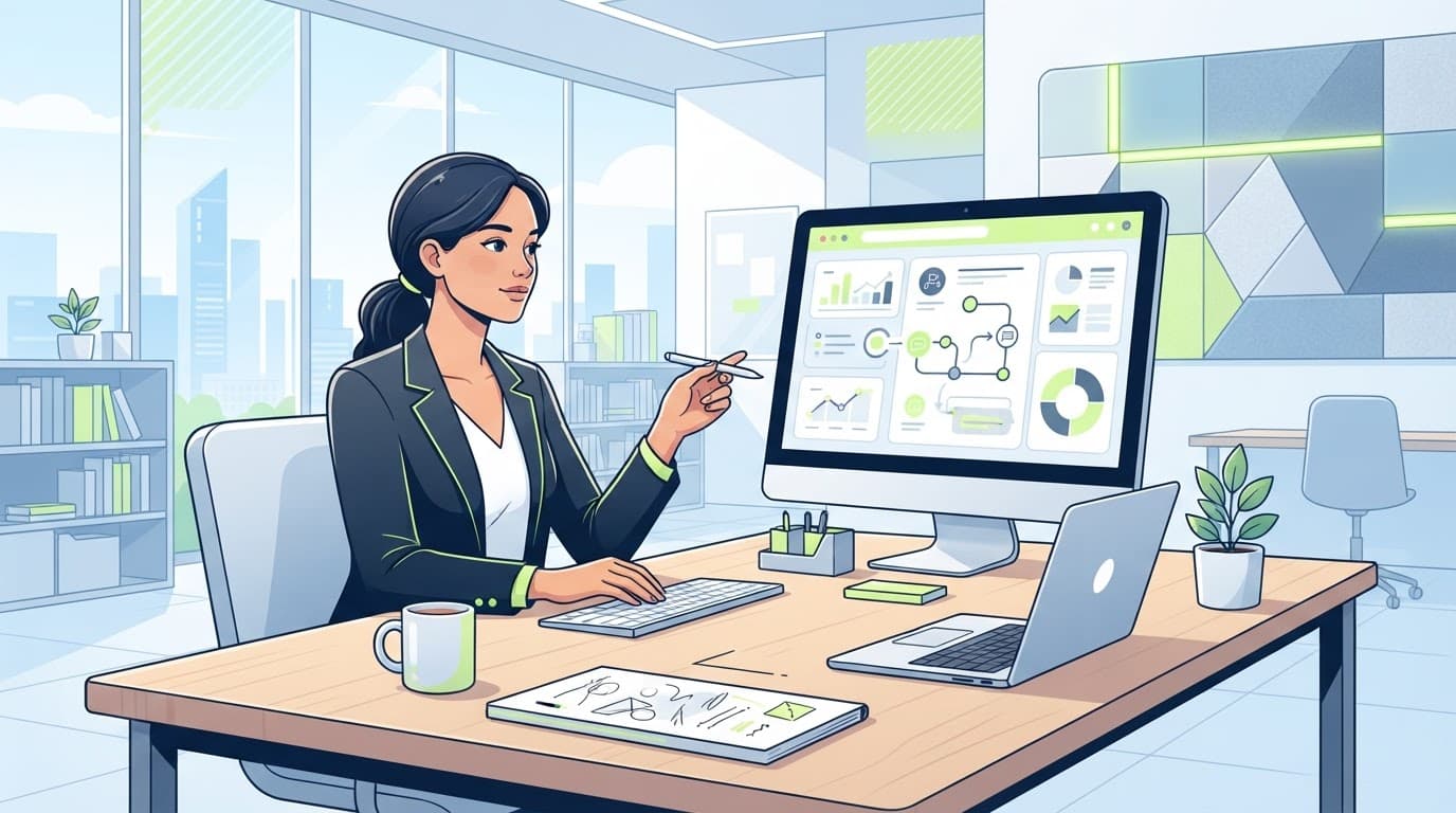 A professional planning at a desk with papers and a laptop beside a lime-green accessory.