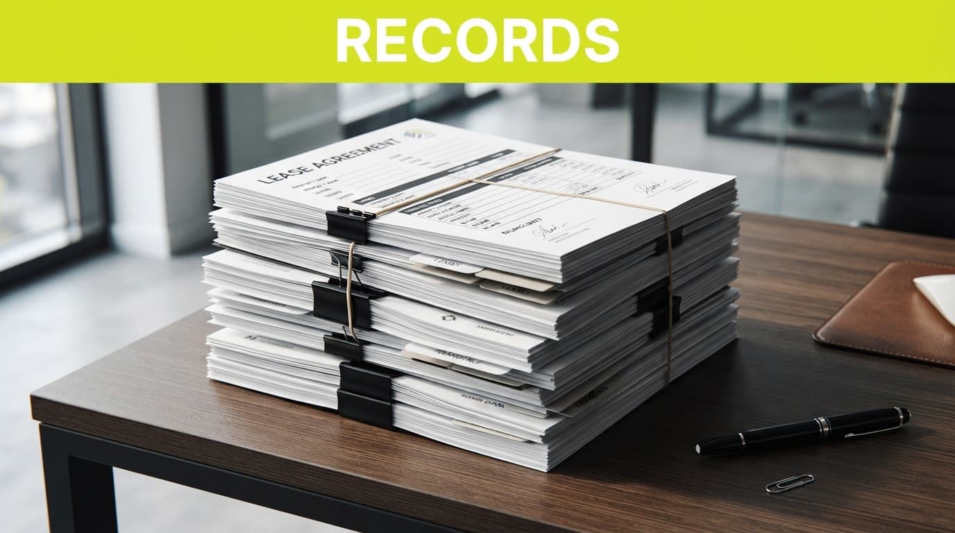 Stacked property leases and financial statements on a desk beneath a lime-yellow records banner.