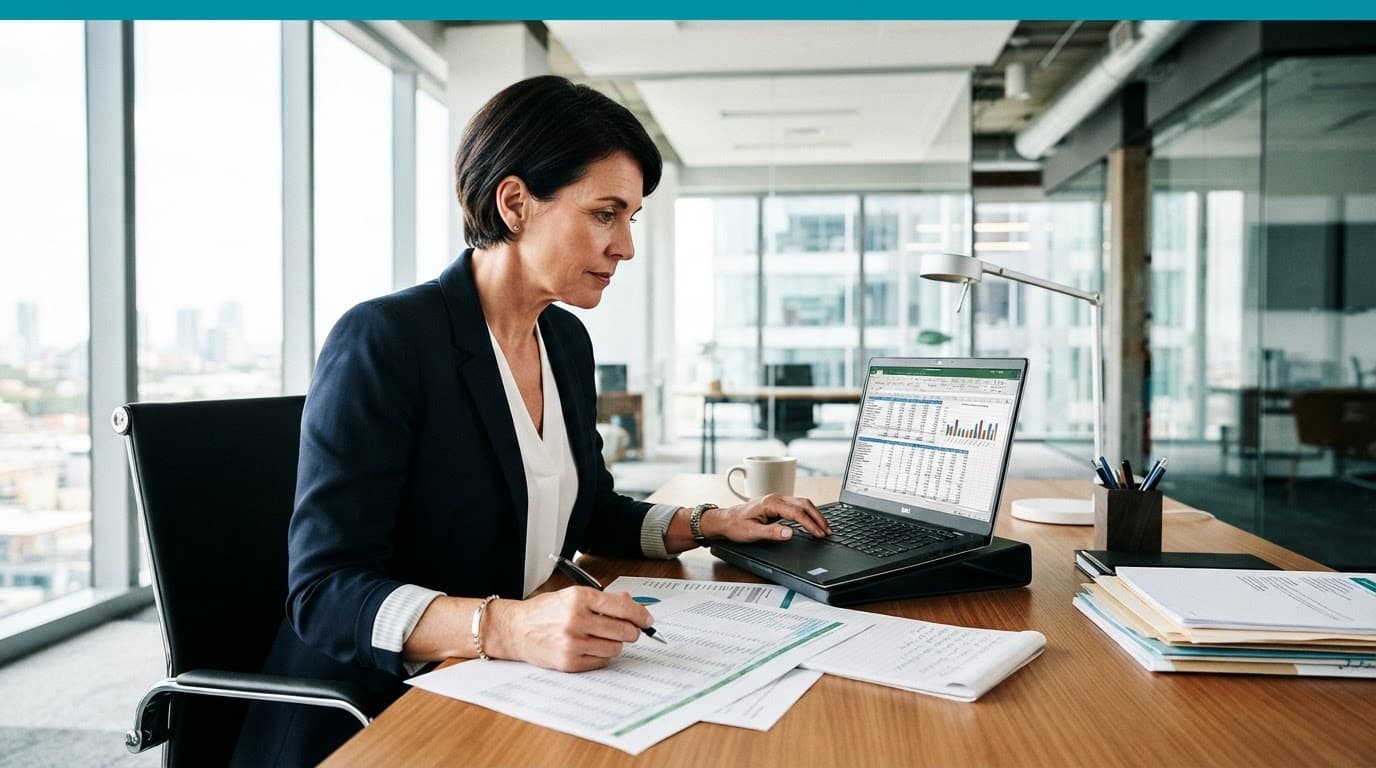 Property manager reviewing spreadsheets beside a laptop at a tidy office desk.