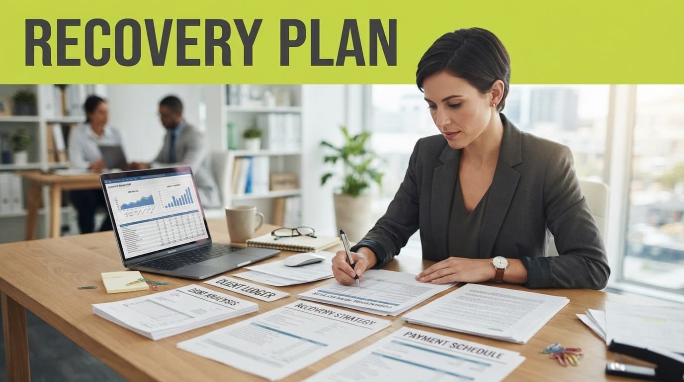 A desk with invoices, a laptop, and one person beneath a Recovery Plan headline.