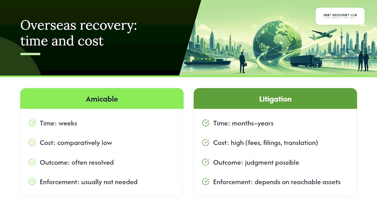 How long does overseas debt recovery take, and what does it cost? — overview diagram