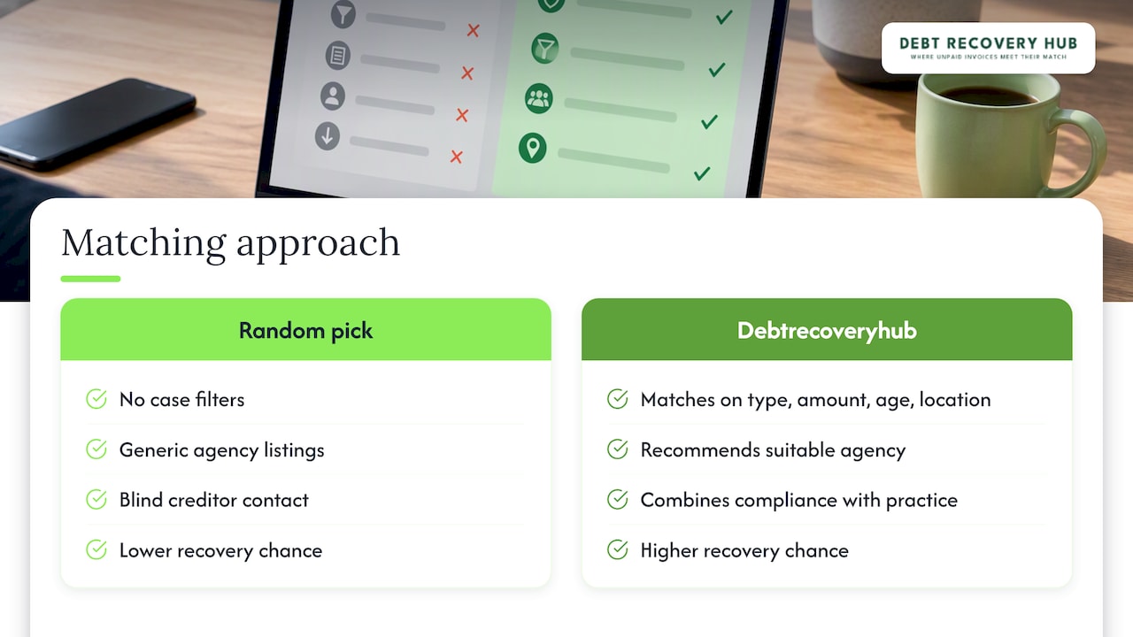 How Debtrecoveryhub matches creditors to vetted UK agencies — overview diagram