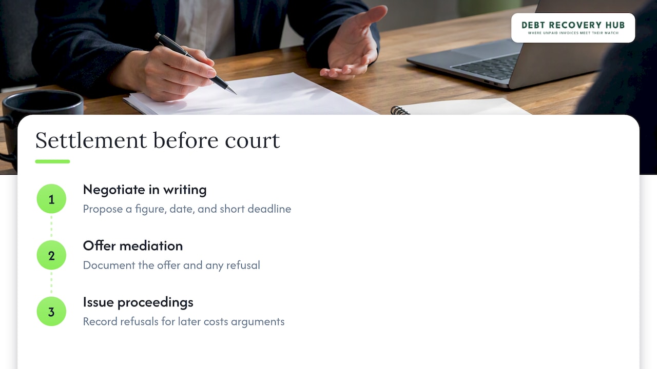 Negotiation, mediation and court escalation sequence